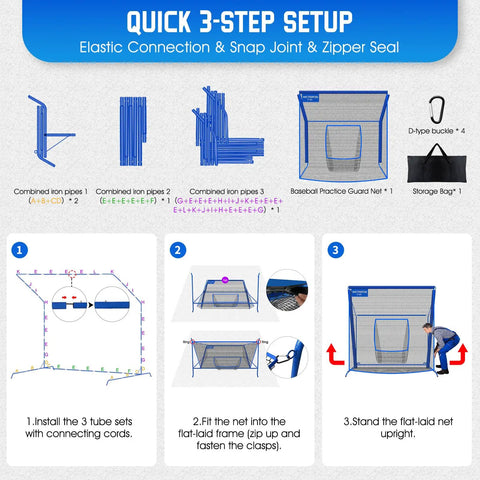 Quick setup guide for 7x7 FT Baseball Softball Hitting Cage With All Angle Containment Metal Frame Elevated Base Central Target Pocket For Batting Pitching And Fielding Includes Storage Bag For Backyard Indoor Outdoor Training.