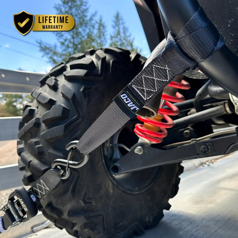 Heavy Duty Ratchet Straps With Soft Loops 1.6 Inches By 8 Feet Pack Of Four For Motorcycles ATVs And Trailers 5208 Lbs Break Strength Tough As Nails Hauling Kit In Black