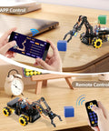Programmable Robotic Arm Kit With 5DOF For Kids And Teens, ESP32 Arduino Python Blockly Coding, App Control And Remote, STEM DIY Gift For Ages 8-16 And Up, Learn To Grab, Lift, And Place Objects app-controlled robot arm on wheeled base with remote