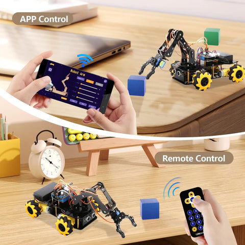Programmable Robotic Arm Kit With 5DOF For Kids And Teens, ESP32 Arduino Python Blockly Coding, App Control And Remote, STEM DIY Gift For Ages 8-16 And Up, Learn To Grab, Lift, And Place Objects app-controlled robot arm on wheeled base with remote