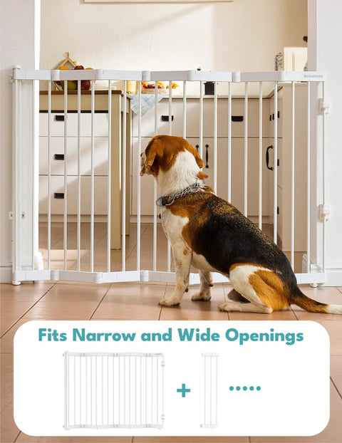 Heavy Duty Metal Retractable Pet Gate For Doorways And Stairs With Auto Close Design Straight Up Secure Dog Barrier Expands To 38 Inches Wide No Bottom Bar Classic White For Folks Who Love Pets with beagle in front