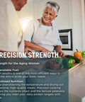 Senior woman preparing vegetables in kitchen with text overlay about precision strength and nutrition benefits. Indoor setting.