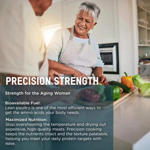 Senior woman preparing vegetables in kitchen with text overlay about precision strength and nutrition benefits. Indoor setting.