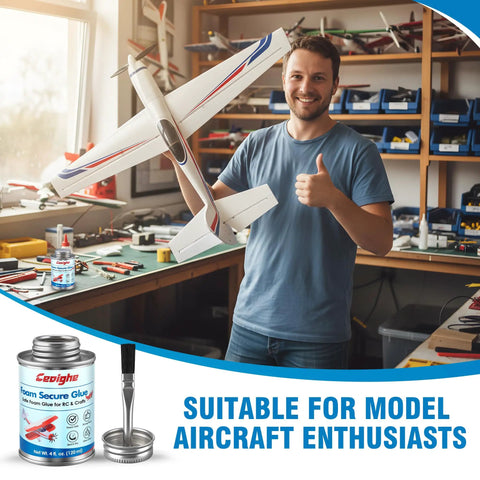Foam Safe RC Glue With Built In Brush Cap For Precise Bonding And Quick Repairs On EPO EPP EPS KT Board Foam Aircraft Models And Craft Projects 4 Ounce Bottle next to man holding foam aircraft in hobby workshop