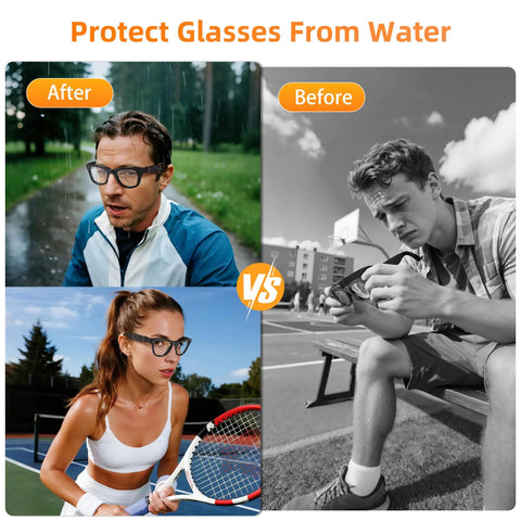 Waterproof Silicone Eyewear Cover With Sweat Proof Ear Grip For Ray Ban Meta Wayfarer Skyler Headliner Gen 2 Smart Glasses Anti Slip Skin Friendly Accessory Set shown used in rainy and sports conditions.