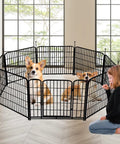 Tall Garden Fence With Gate 48 Inches High By 27 Inches Wide Panels 12 Panels Total About Twenty Seven Feet Long Heavy Duty Iron Yard Fence For Flower Beds And Pets Keeps Dogs Out Rust Resistant Gate Included, shown indoors containing small dogs.
