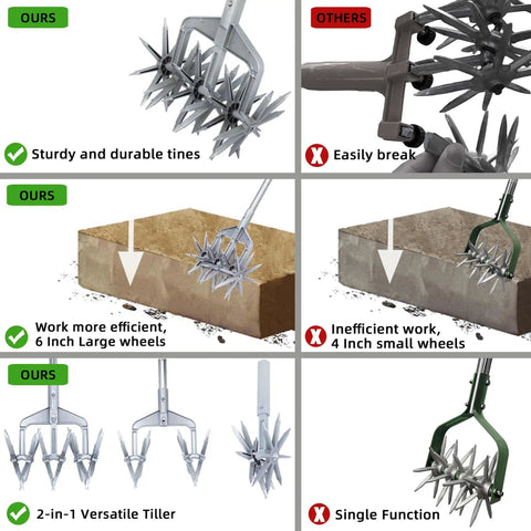 Comparison of Rotary Cultivator For Your Garden With Adjustable Hand Tiller Detachable Solid Metal Tines 2 In 1 Manual Garden Cultivator For Loosening And Mixing Soil Great For Reseeding Grass 58 Inch Reach vs competitor's tool, showcasing tines, wheels, and functionality.