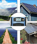 60A MPPT Solar Charge Controller 12V 24V Auto Sensing Regulator With Dual USB Ports and LCD, surrounded by solar panels.
