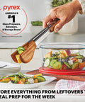 Hand holding salad tongs over Glass Food Storage Set With Mixed Sizes And Lids, Round And Rectangular Containers, 18-Piece BPA Free