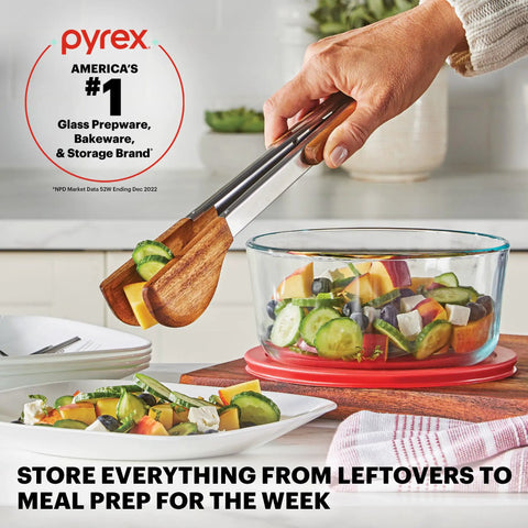 Hand holding salad tongs over Glass Food Storage Set With Mixed Sizes And Lids, Round And Rectangular Containers, 18-Piece BPA Free