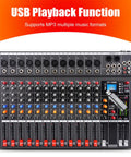 Front view of GX12 12 Channel Pro Mixer Console with USB, Bluetooth, MP3 input, and 48V phantom power for live events, DJ sets.