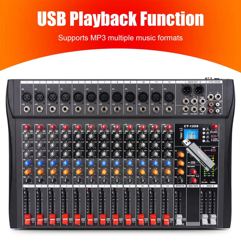 Front view of GX12 12 Channel Pro Mixer Console with USB, Bluetooth, MP3 input, and 48V phantom power for live events, DJ sets.