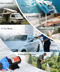 12V RV Fresh Water Pump with 7 GPM at 70 PSI for marine, yacht, caravan use, illustrated with outdoor and lifestyle scenes.
