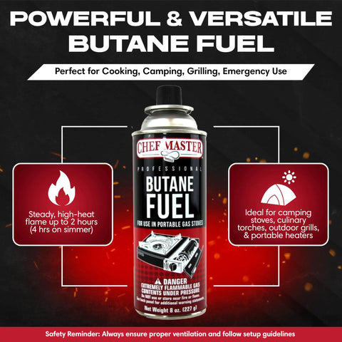 Can of Chef Master Butane Fuel for cooking and camping, part of 4 Pack 8 Oz Butane Gas Canisters For Kitchen Torch And Camp Stove