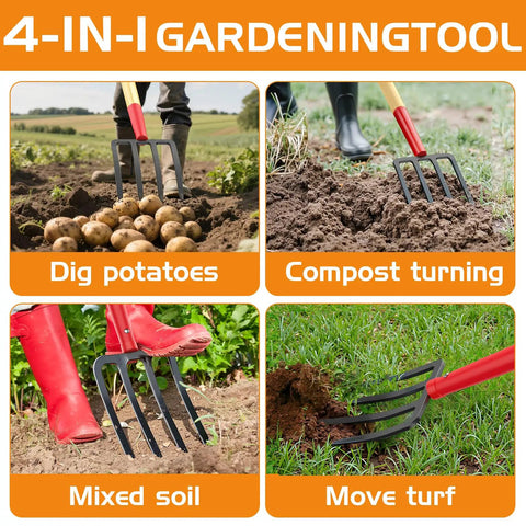 All In One Garden Fork For Weeding And Digging, 4 Tine Spading Fork, 45 Inch Steel Digging Fork With D Grip And Wooden Handle in use