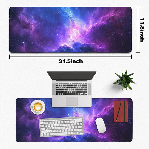 Galaxy Space XXL Gaming Mouse Pad 31.5 x 11.8 Inch Large Desk Mat with Smooth Surface Non Slip Rubber Base Stitched Edges, top view.