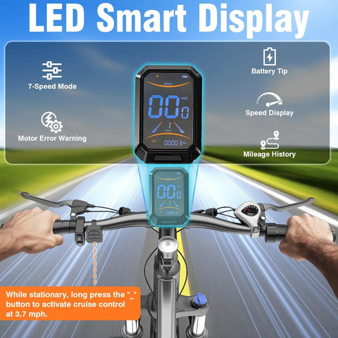 26 Inch Commuter Electric Bike For Adults With 5 Level Pedal Assist And 7 Speed Gears, Top Speed 25 MPH, 720W Motor, 375Wh Battery, 50 Mile Range, Lockable Suspension Fork, Lightweight City Cruiser Ebike LCD smart display on handlebars with speed and battery indicators