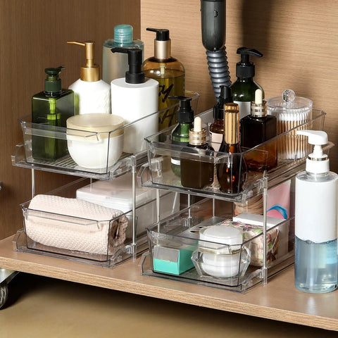 Two Tier Clear Organizer With Dividers For Kitchen Pantry Medicine Cabinet Bathroom Vanity And Under Sink Slide Out Storage Bin