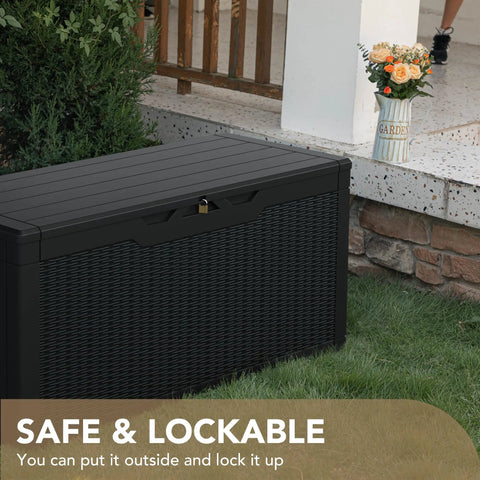 100 Gallon Waterproof Resin Deck Box With Lockable Lid For Patio Cushions And Garden Tools, Large Outdoor Storage Chest in garden
