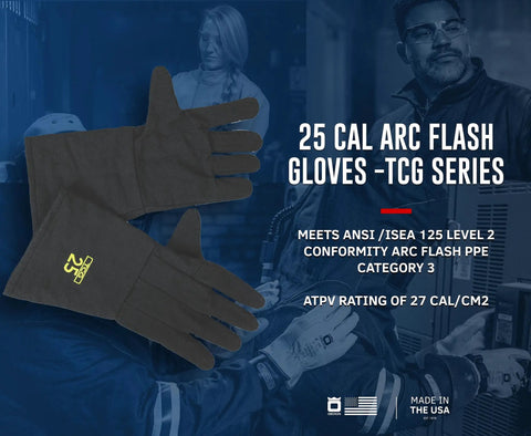 Arc Flash Gloves 25 Cal TCG Series Large Size for Electricians and Utilities PPE Hand Protection on blue background.