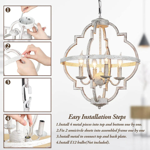 Step-by-step guide to installing the 4 Light Farmhouse Candle Chandelier with dope open orb frame in rustic white finish.