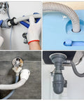 Two Pack Gray U Shape Drain Hose Holders for washing machines and dishwashers in use on various drainage setups