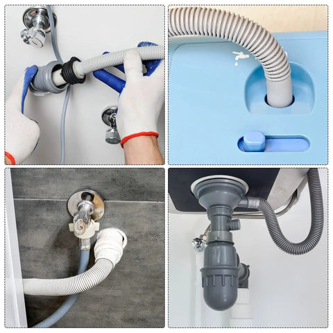 Two Pack Gray U Shape Drain Hose Holders for washing machines and dishwashers in use on various drainage setups