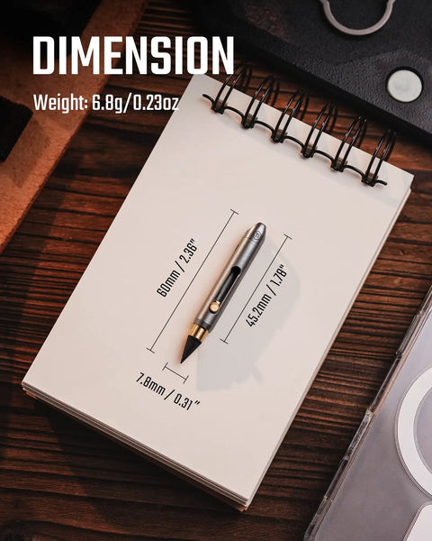 Titanium Mini Infinity Mechanical Pencil Ultra Lightweight Compact Retractable Tip Portable Keychain Writing Tool dimensions on notebook.
