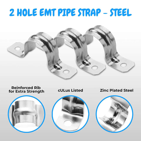 3 Heavy Duty Pipe Straps Two Hole EMT Conduit Clamps Half Inch Galvanized Steel U Brackets for electrical wiring