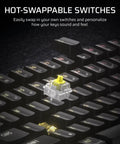 Close-up of hot-swappable switch on Top Shelf Wireless 75 Percent Gaming Keyboard featuring MLX tactile switches in black.