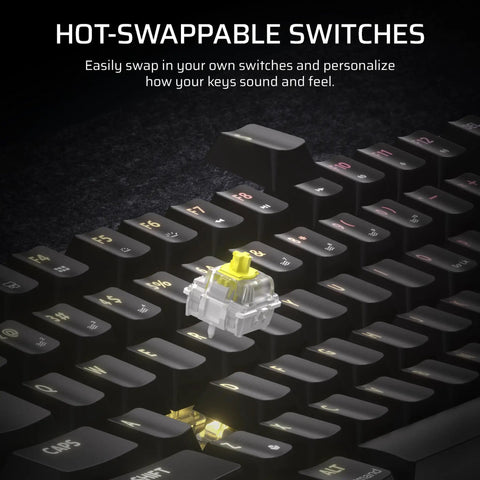 Close-up of hot-swappable switch on Top Shelf Wireless 75 Percent Gaming Keyboard featuring MLX tactile switches in black.