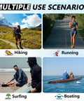 Multiple use scenarios of hiking, running, surfing, and boating with various people engaged in different outdoor activities.