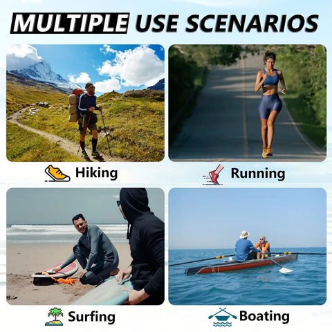 Multiple use scenarios of hiking, running, surfing, and boating with various people engaged in different outdoor activities.