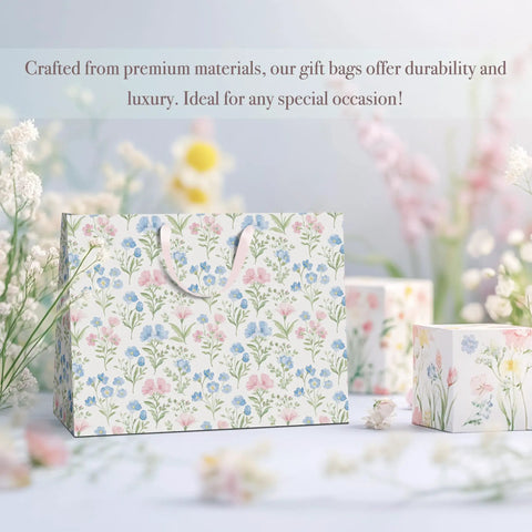 Two Large 13 Inch Floral Gift Bags With Matching Tissue Paper Card And Envelope Set Hand Painted Bloom Design Totally Perfect For Any Occasion Great For Women Gifts And Special Occasions displayed in a floral setting.