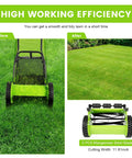 Manual Push Reel Lawn Mower With 12 Inch Cutting Width And 5 Blade System, Walk Behind Garden Mower With Adjustable Height, No Gas No Fumes Eco Friendly Quiet Yard Care For Small Lawns shown with before and after lawn cut
