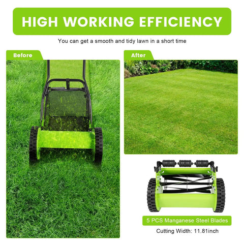 Manual Push Reel Lawn Mower With 12 Inch Cutting Width And 5 Blade System, Walk Behind Garden Mower With Adjustable Height, No Gas No Fumes Eco Friendly Quiet Yard Care For Small Lawns shown with before and after lawn cut