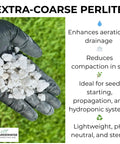 Gloved hand holding extra coarse horticultural perlite next to text about aeration and drainage benefits for gardens.