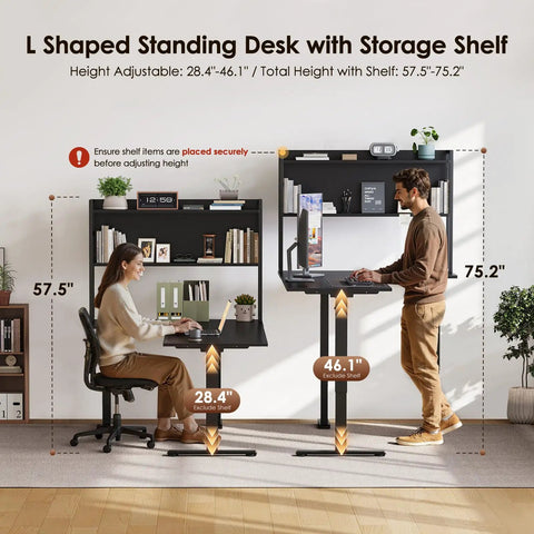 63 Inch L Shaped Electric Standing Desk With Reversible Corner Layout And Hutch Height Adjustable Sit Stand Ergonomic Workstation For Home Office Spacious Large Lift Table Black with two people using it at different heights.