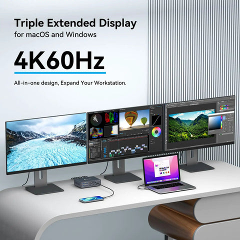Thunderbolt Docking Station Expands 3 4K 60Hz Displays For M1 M2 M3 M4 MacBook Pro Air Using Displaylink Tech with triple monitor setup.