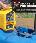 Tough 5 Gallon Type Ii Safety Jerry Can In Bright Yellow being used to fill a tractor with a flex rotating spout for precision control.