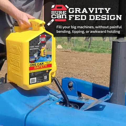 Tough 5 Gallon Type Ii Safety Jerry Can In Bright Yellow being used to fill a tractor with a flex rotating spout for precision control.