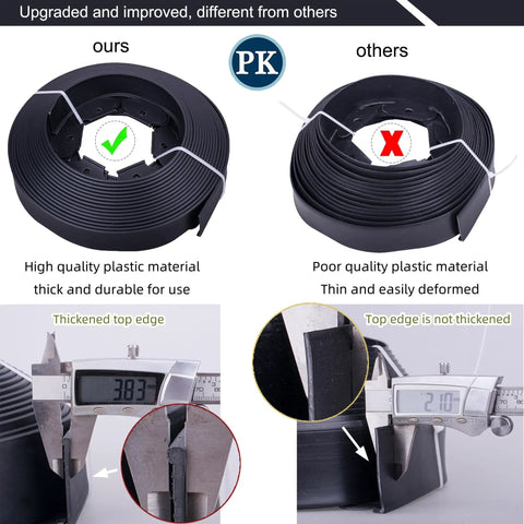 Comparison of 40 Ft Lawn Edging Kit With 40 Spikes For Durable Black Landscape Border Edging showing thick vs thin material.