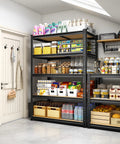 Detachable 5 Tier Storage Shelves For Pantry Kitchen Closet, Adjustable Modular Metal Shelving System With Height Configurable Levels, Easy Setup And Quick Disassembly For Flexible Home Organization, black metal pantry shelf loaded with bins and jars