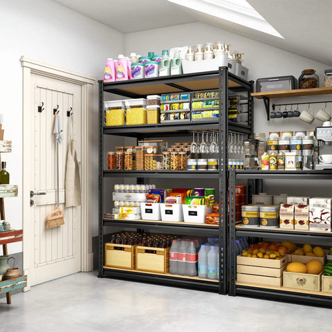 Detachable 5 Tier Storage Shelves For Pantry Kitchen Closet, Adjustable Modular Metal Shelving System With Height Configurable Levels, Easy Setup And Quick Disassembly For Flexible Home Organization, black metal pantry shelf loaded with bins and jars