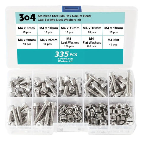 M4 Hex Socket Head Cap Screws Nuts And Washers Kit In 304 Stainless Steel With Assorted Sizes, Built To Last Heavy Duty Fastener Set For DIY Projects, Electronics, Automotive, And Machinery. 335-piece organizer with M4 screws, nuts, and washers