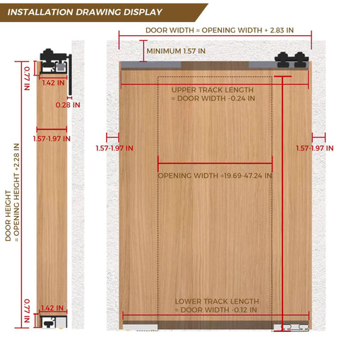 Diagram of Concealed Trackless Barn Door Hardware Kit 47 Inch Hidden Sliding System with dimensions for installation.