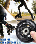 Close-up of 8 Pack 76mm 84A Inline Skate Wheels with ABEC 7 Bearings showing indoor and outdoor skating use.