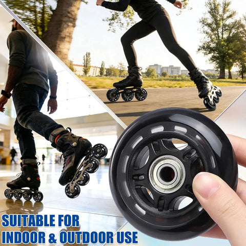 Close-up of 8 Pack 76mm 84A Inline Skate Wheels with ABEC 7 Bearings showing indoor and outdoor skating use.