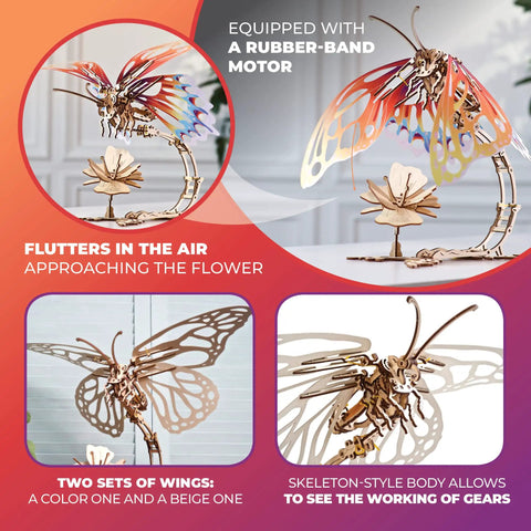 Butterfly 3D Wooden Puzzle Kit For Adults And Teens, Laser Cut Mechanical Model, Easy To Assemble Home Decor, Chill Out Wooden Craft For Relaxation And Mindful Fun, rubber-band motor butterfly