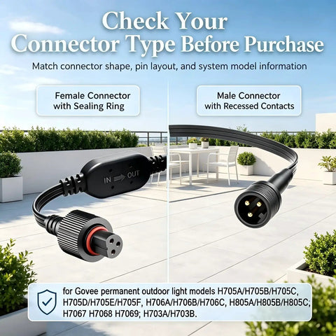 16 Foot Outdoor Extension Cord Featuring Built In Voltage Booster For Permanent Yard Lighting And Holiday String Cables showcasing female and male connectors with sealing rings.